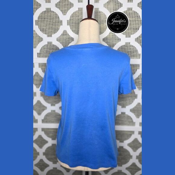 3/$30 Rafaella Blue V-Neck Gold Chain and Button Short Sleeve Knit Top Size PM - Picture 7 of 11